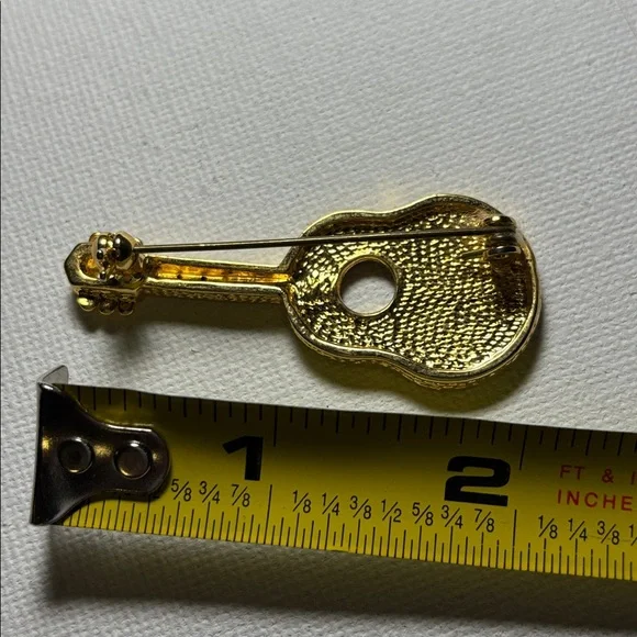 Guitar Brooch Pin with Rhinestones Painted black on goldtone metal - Picture 4 of 4